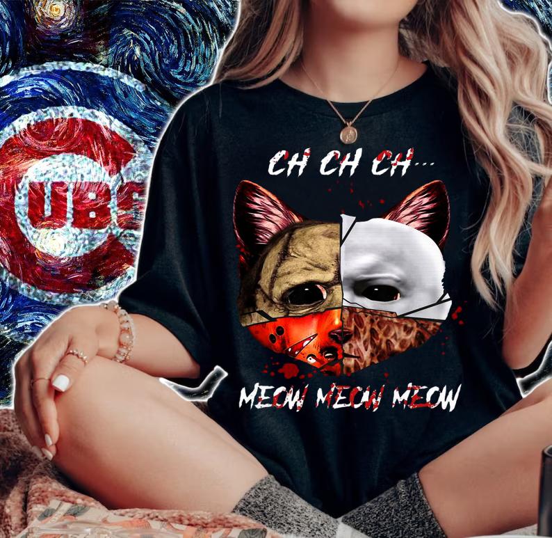 Cat Face of Jason Michael Myers Freddy Krueger Leatherface Meow meow meow t-shirt woman shirt