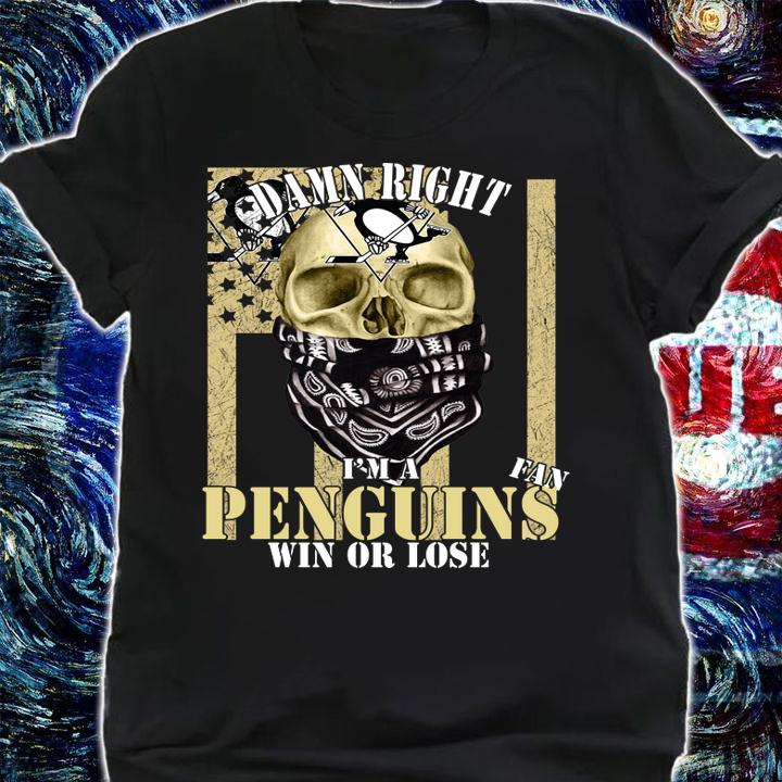 Skull Damn Right I’m A Pittsburgh Penguins Fan Win Or Lose American Flag t-shirt shirt