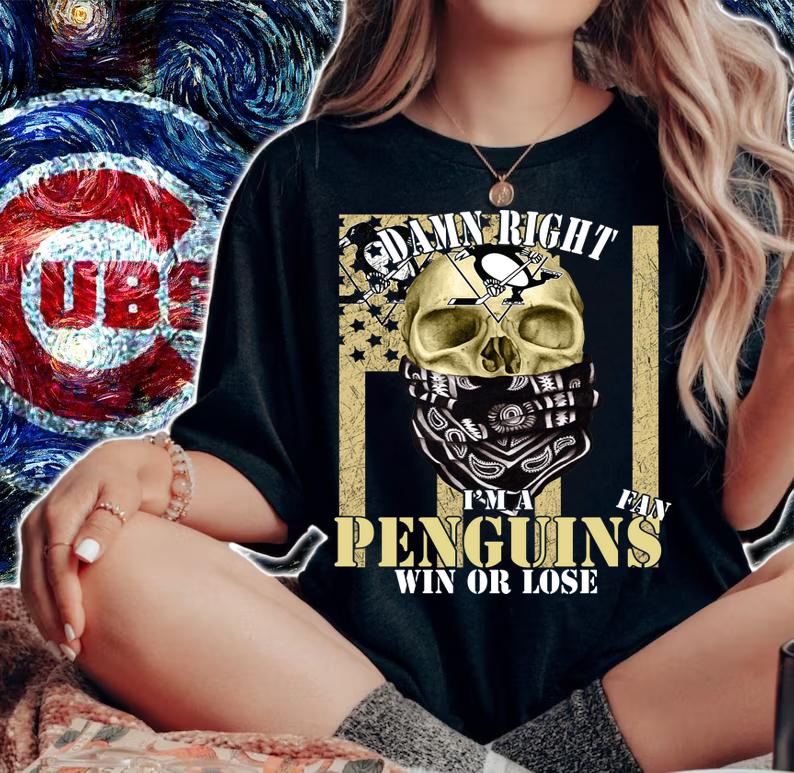 Skull Damn Right I’m A Pittsburgh Penguins Fan Win Or Lose American Flag t-shirt woman shirt
