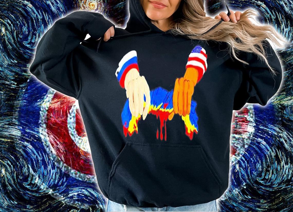 American And Russia Holding Ukraine Flag Blood T-Shirt t-shirt hoodie