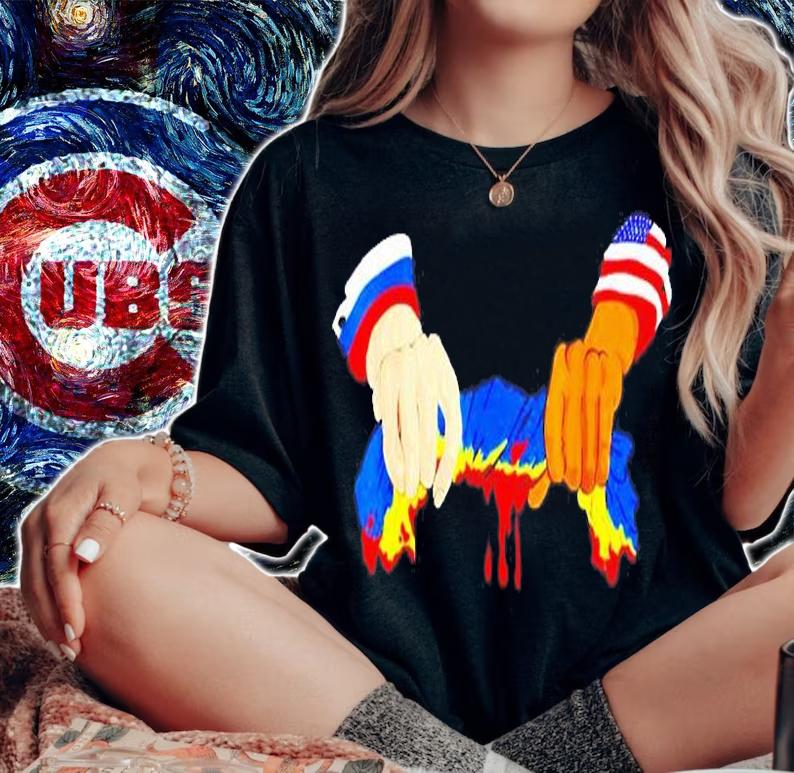 American And Russia Holding Ukraine Flag Blood T-Shirt t-shirt woman shirt