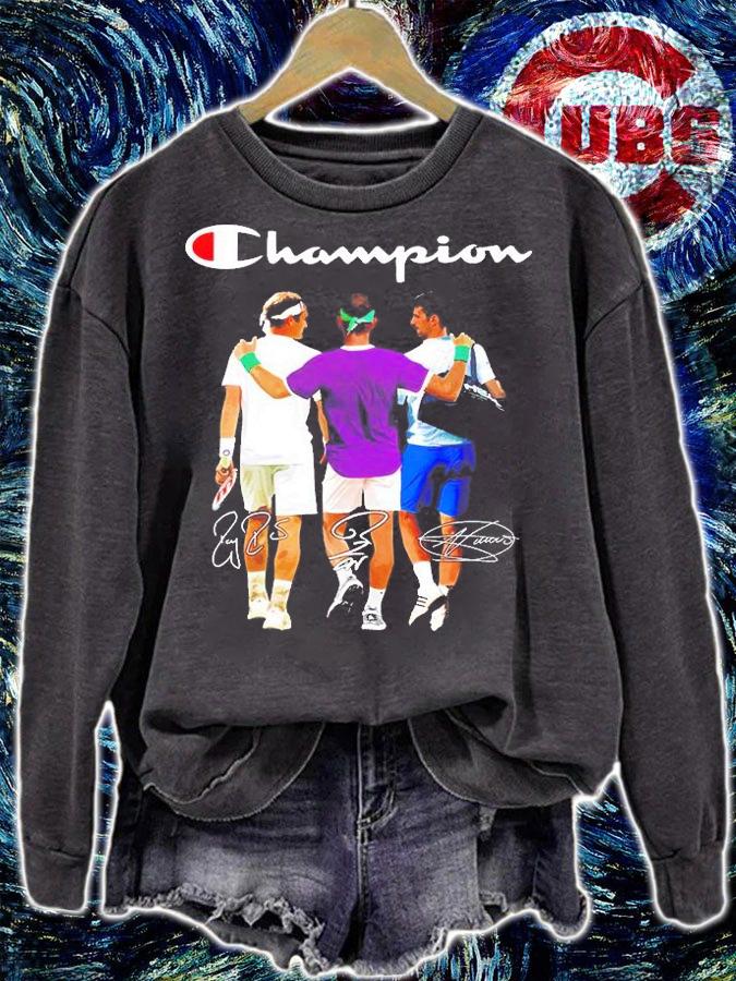 Rafael Nadal And Roger Federer And Novak Djokovic Champions Signatures T-Shirt t-shirt sweatshirt