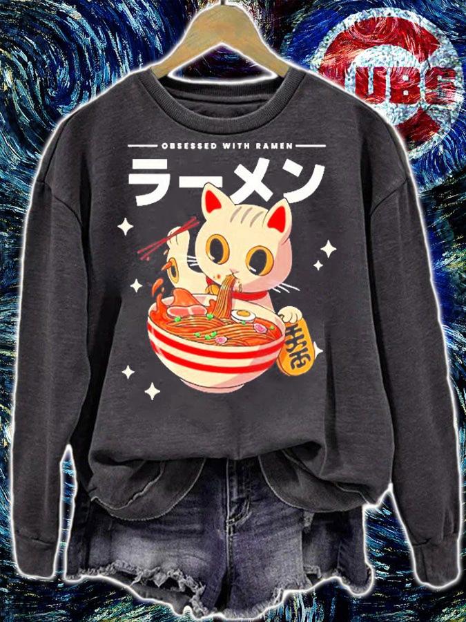 Maneki Loves Ramen Japanese Noodles Tee Kawaii Anime Cat T-Shirt t-shirt sweatshirt