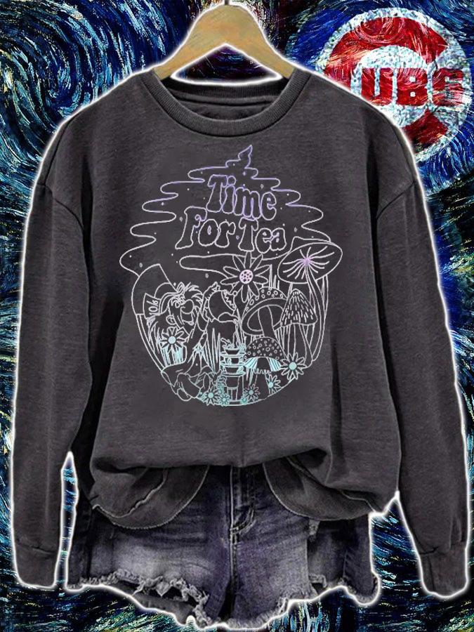 Womens Alice In Wonderland Mad Hatter Time For Tea Line Art T-shirt t-shirt