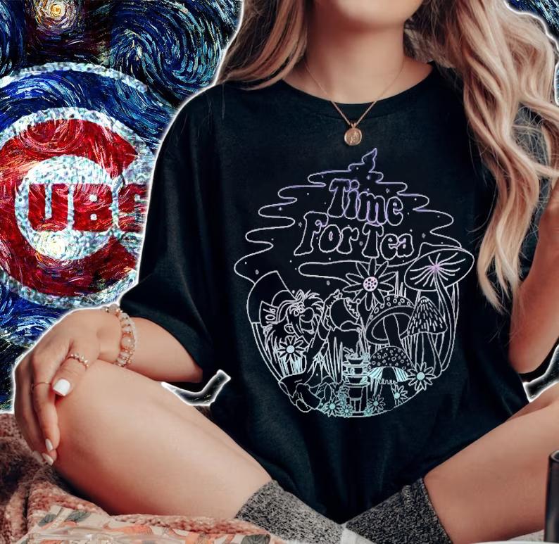 Womens Alice In Wonderland Mad Hatter Time For Tea Line Art T-shirt t-shirt