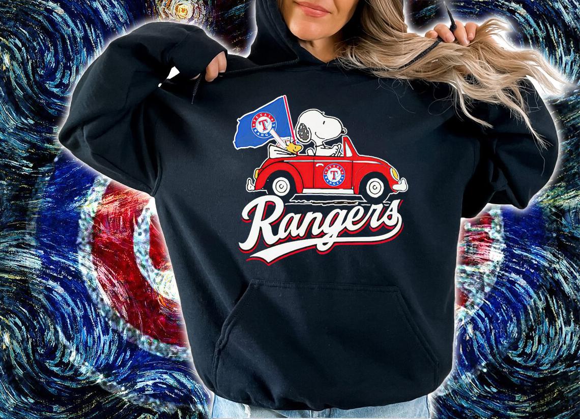 Snoopy And Woodstock Driving Car Texas Rangers Flag t-shirt hoodie