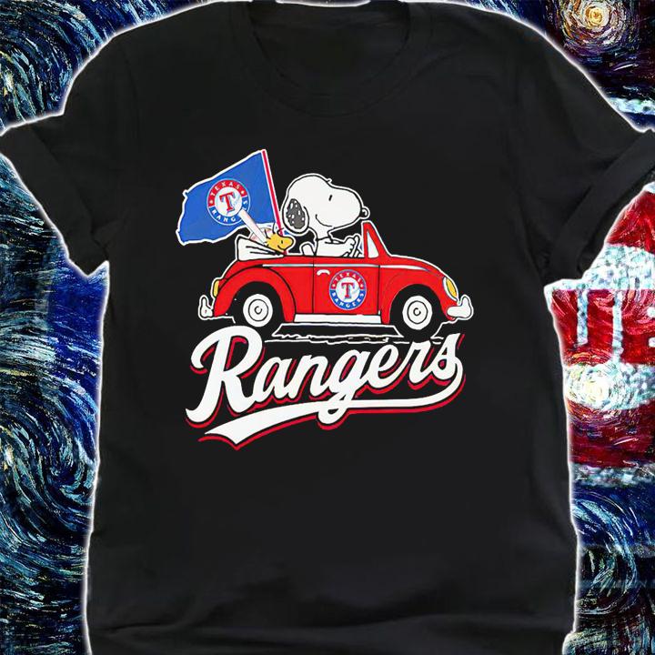Snoopy And Woodstock Driving Car Texas Rangers Flag t-shirt shirt
