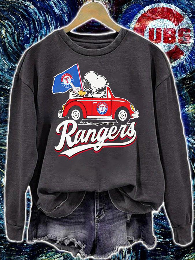 Snoopy And Woodstock Driving Car Texas Rangers Flag t-shirt sweatshirt