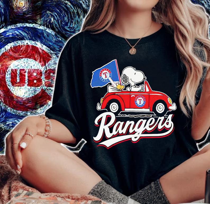 Snoopy And Woodstock Driving Car Texas Rangers Flag t-shirt woman shirt