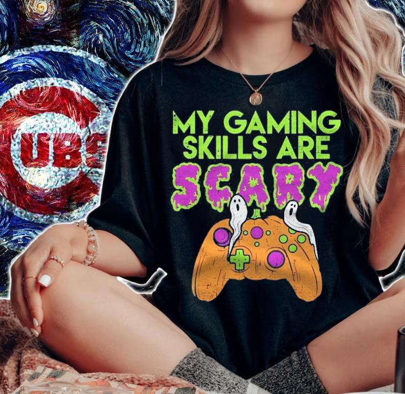 Gaming Skills Scary Pumpkin Controller Boys Halloween Gamer Shirt