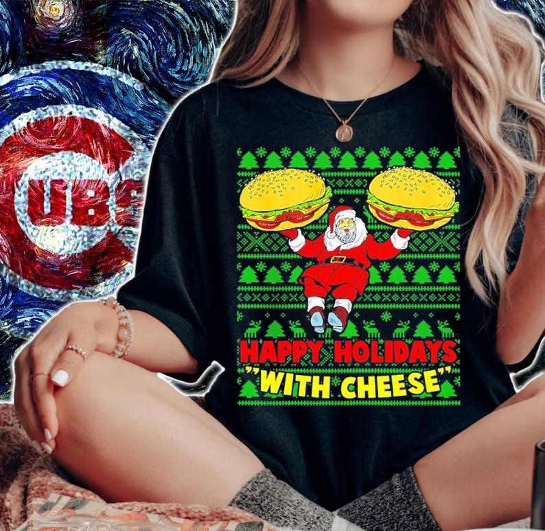 Happy Holidays With Cheese Christmas Cheeseburger Xmas Ugly Shirt woman shirt