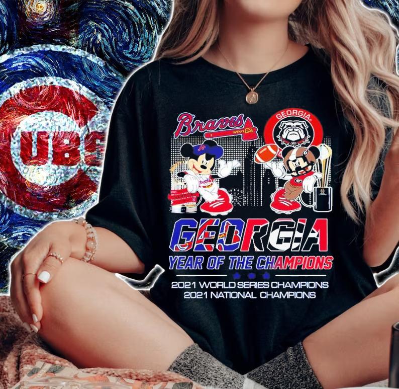Mickey Mouse Georgia Bulldogs X Atlanta Braves 2021 Georgia Year Of The Champions 2021 World Series Champions Shirt woman shirt