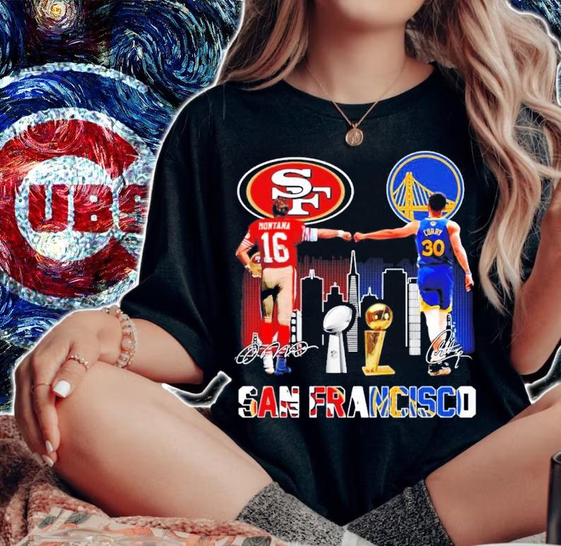 SAN FRANCISCO San Francisco 49ers Joe Montana Vs Golden State Warriors Stephen Curry Signatures Shirt woman shirt
