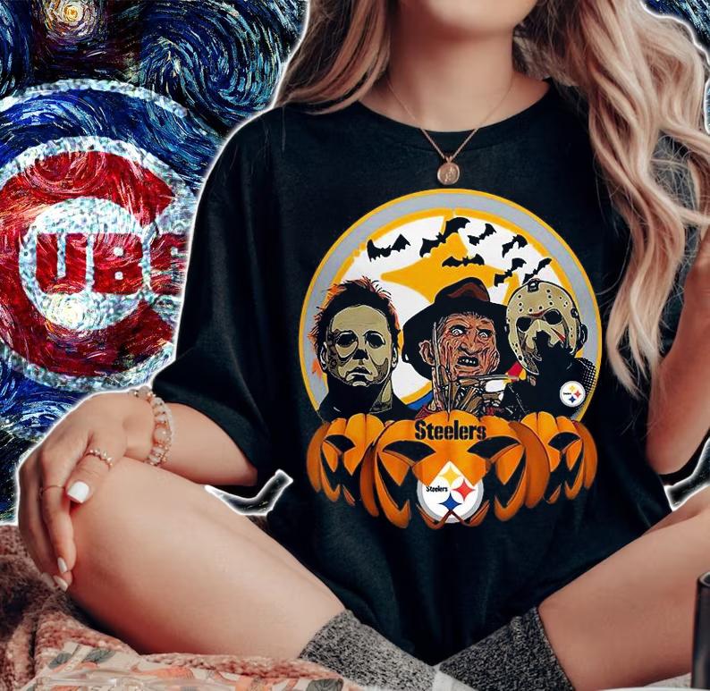 Awesome halloween horror characters Pittsburgh Steelers pumpkin shirt
