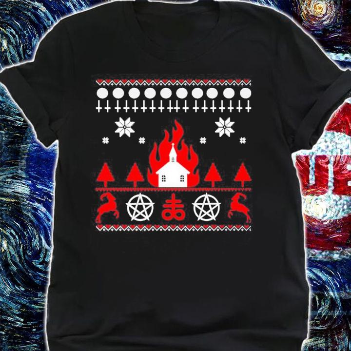 Burning church ugly Christmas sweater t-shirt