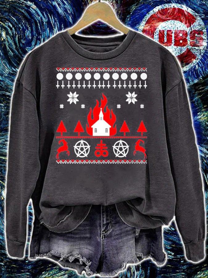Burning church ugly Christmas sweater t-shirt