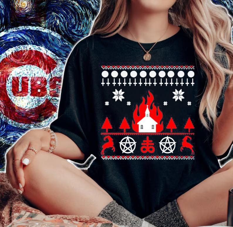 Burning church ugly Christmas sweater t-shirt