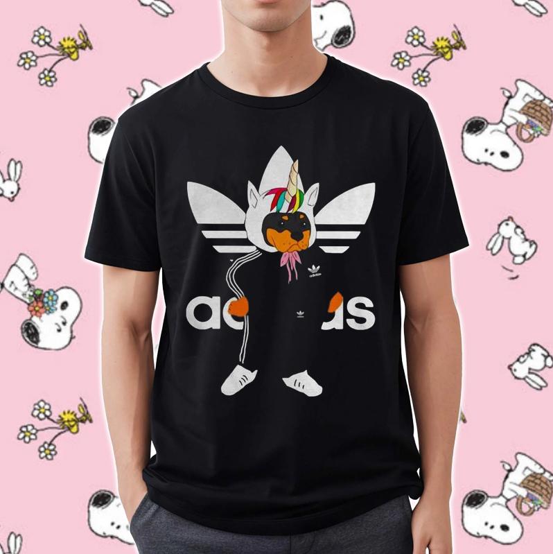 Rottweiler Wearing Unicorn Hat Parody Adidas Logo T-Shirt